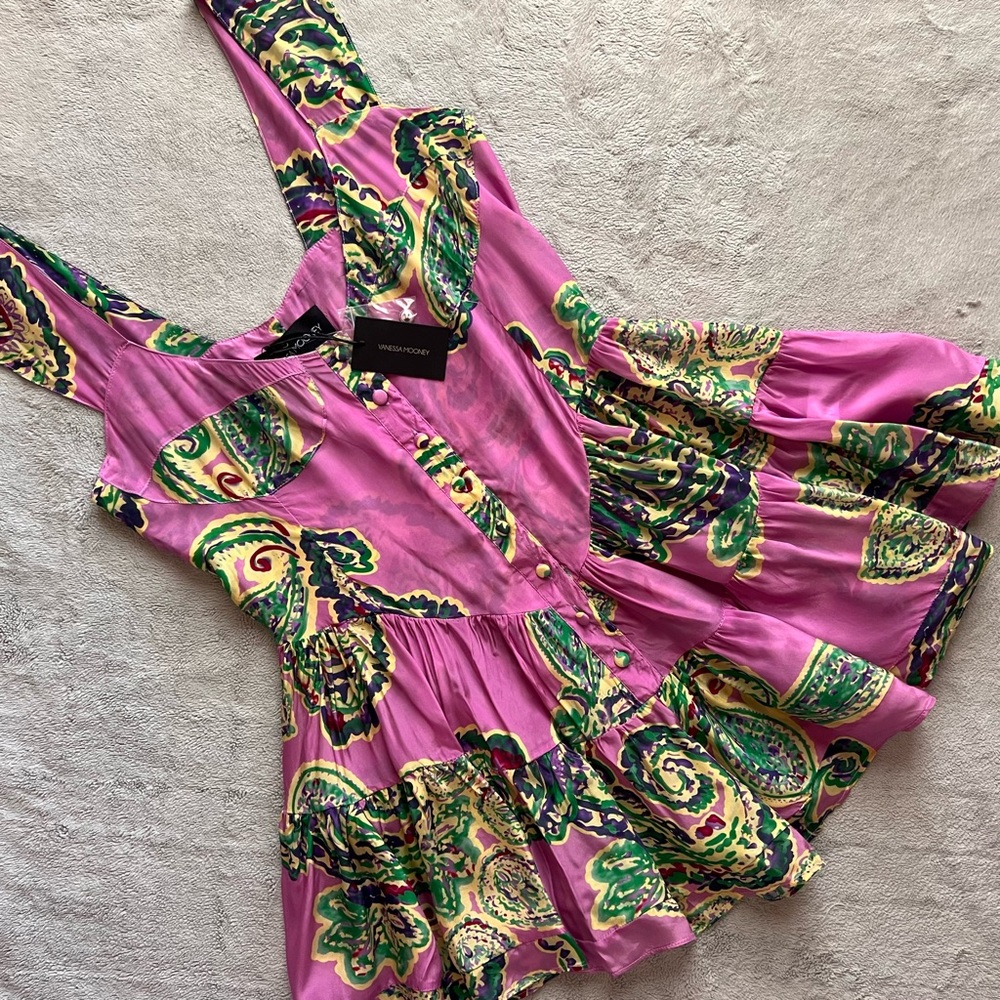 NWT Vanessa Mooney Elisabeth Bustier Romper Dress Viscose Purple Paisley Large